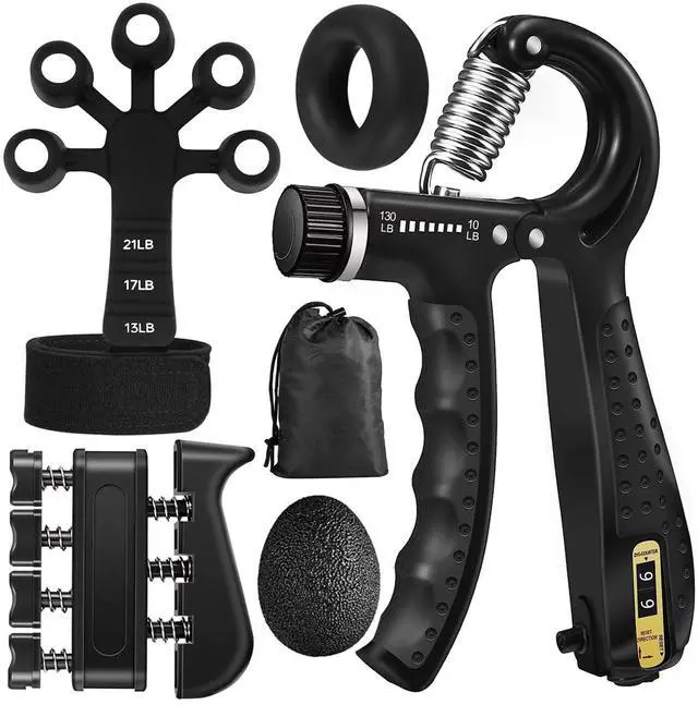Main image of Grip Strength Trainer Kit (5 Pack), Grip and Forearm Strengthener, Finger Strengthener, Adjustable Resistance Hand Gripper, Grip Ring, Stress Relief Ball for Muscle Building, Injury Recover