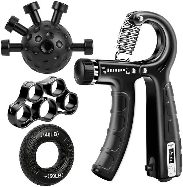 Main image of 4-Pack Grip Strength Trainer Kit, Adjustable Forearm Strengthener, Black Hand Grip Strengthener Balls, Finger Exerciser & Stretcher for Strength Training, Recovery & Flexibility