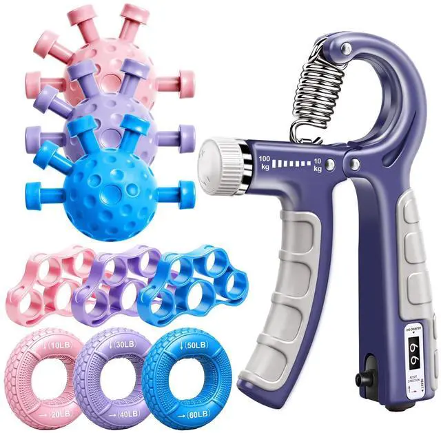 Main image of 10-Pack Grip Strength Trainer Kit, Adjustable Forearm Strengthener, 3 Colors Hand Grip Strengthener Balls, Finger Exerciser & Stretcher for Strength Training, Recovery & Flexibility