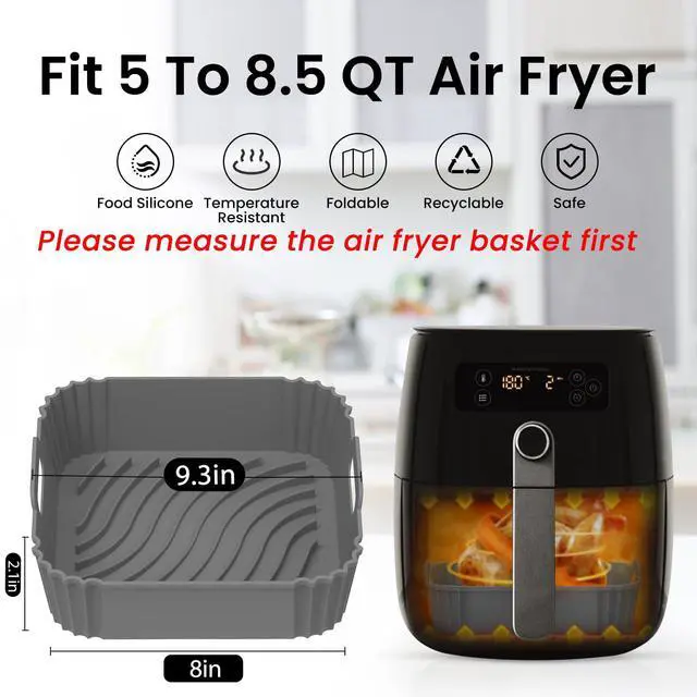 Alt view image 2 of 7 - 2 Pack Silicone Air Fryer Liners, Square Reusable Non-Stick Basket Inserts for 6-8 QT Air Fryers, Dishwasher Safe Parchment Paper Replacement Accessories Gray & Black