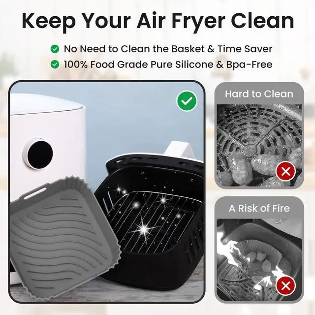 Alt view image 3 of 7 - 2 Pack Silicone Air Fryer Liners, Square Reusable Non-Stick Basket Inserts for 6-8 QT Air Fryers, Dishwasher Safe Parchment Paper Replacement Accessories Gray & Black