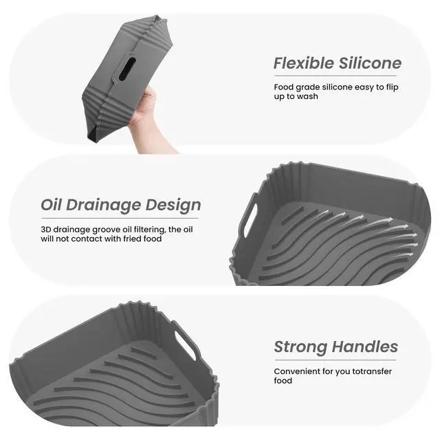 Alt view image 4 of 7 - 2 Pack Silicone Air Fryer Liners, Square Reusable Non-Stick Basket Inserts for 6-8 QT Air Fryers, Dishwasher Safe Parchment Paper Replacement Accessories Gray & Black