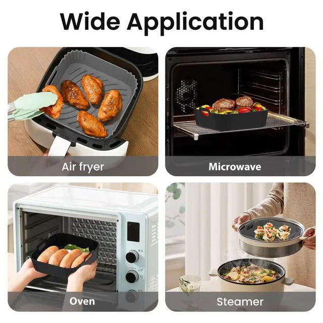 Alt view image 5 of 7 - 2 Pack Silicone Air Fryer Liners, Square Reusable Non-Stick Basket Inserts for 6-8 QT Air Fryers, Dishwasher Safe Parchment Paper Replacement Accessories Gray & Black