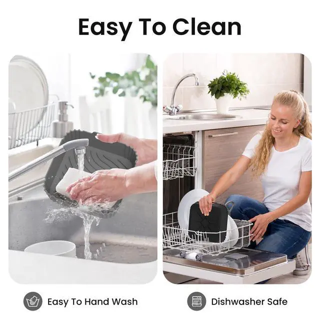 Alt view image 6 of 7 - 2 Pack Silicone Air Fryer Liners, Square Reusable Non-Stick Basket Inserts for 6-8 QT Air Fryers, Dishwasher Safe Parchment Paper Replacement Accessories Gray & Black