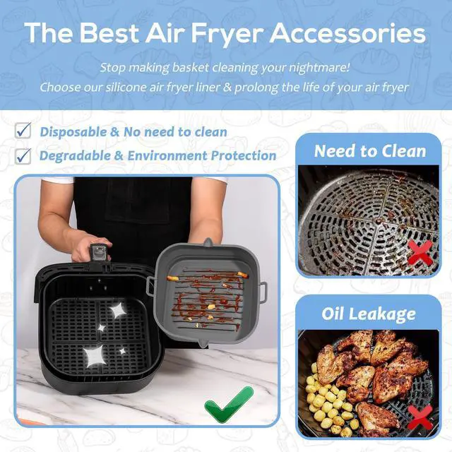Alt view image 2 of 7 - Silicone Air Fryer Liners Square - Reusable Airfryer Collapsible Basket - Easy to Clean Air Fryers Pot for 5.8 to 8 Qt Baking Tray Oven Accessories, 8.5 Inch Large