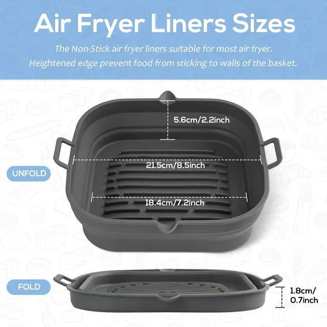 Alt view image 3 of 7 - Silicone Air Fryer Liners Square - Reusable Airfryer Collapsible Basket - Easy to Clean Air Fryers Pot for 5.8 to 8 Qt Baking Tray Oven Accessories, 8.5 Inch Large
