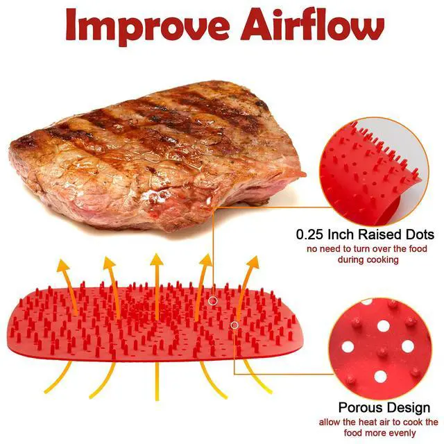 Alt view image 2 of 7 - Upgrade Reusable Air Fryer Liners with Raised Silicone | Patented Product | BPA Free Non-Stick Air Fryer Mats | Air Fryer Silicone Tray Accessories | 2 Size Options 9 Inch Square