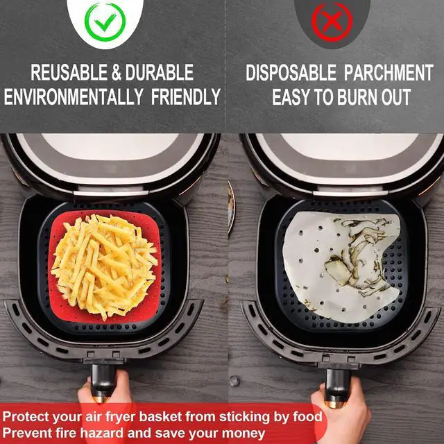 Alt view image 4 of 7 - Upgrade Reusable Air Fryer Liners with Raised Silicone | Patented Product | BPA Free Non-Stick Air Fryer Mats | Air Fryer Silicone Tray Accessories | 2 Size Options 9 Inch Square