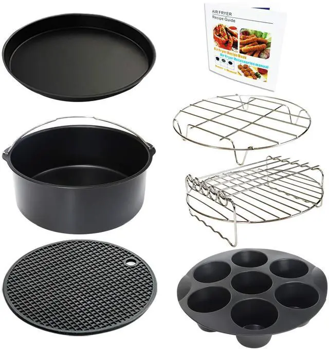 Main image of Air Fryer Accessories Set of 7 with 8 Inch Egg Bites Mold, Pizza Pan, Cake Barrel, Skewer Rack, Silicone Mat for 3.5Qt-5.8Qt Phillips Nuwave Gowise Gourmia Ninja Dash Air Fryer