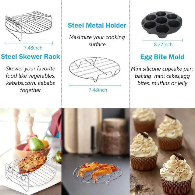 Alt view image 3 of 7 - Air Fryer Accessories Set of 7 with 8 Inch Egg Bites Mold, Pizza Pan, Cake Barrel, Skewer Rack, Silicone Mat for 3.5Qt-5.8Qt Phillips Nuwave Gowise Gourmia Ninja Dash Air Fryer