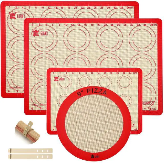Main image of Silicone Baking Mat Set of 4, 2 Medium 16.5"x11.6", 1 Small 11.8"x8.4", 1 Piece 9" Round, All Mats 0.7mm Thick, Food Grade Non-Stick Reusable Baking Mats for Pizza, Bread, Pastry, Macarons