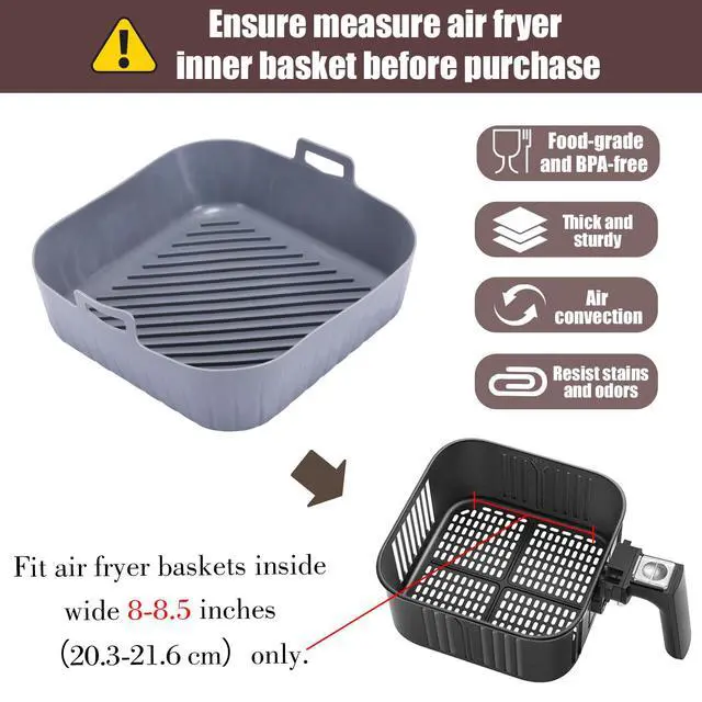 Alt view image 2 of 7 - Silicone Liners Square for 8 to 8.5 inch Air Fryer, 2 Pcs Non-stick Food-grade Reusable Basket Baking Tray Airfryer Accessories, Grey