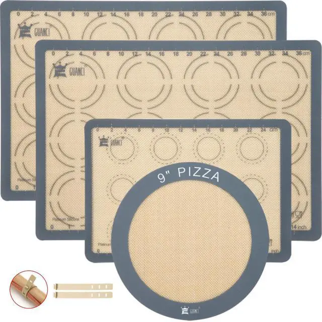 Main image of Silicone Baking Mat Set of 4, 2 Medium 16.5"x11.6", 1 Small 11.8"x8.4", 1 Piece 9" Round, All Mats 0.7mm Thick, Food Grade Non-Stick Reusable Baking Mats for Pizza, Bread, Pastry, Macarons
