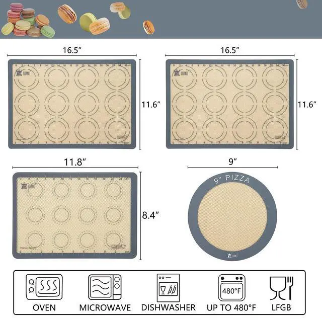 Alt view image 6 of 7 - Silicone Baking Mat Set of 4, 2 Medium 16.5"x11.6", 1 Small 11.8"x8.4", 1 Piece 9" Round, All Mats 0.7mm Thick, Food Grade Non-Stick Reusable Baking Mats for Pizza, Bread, Pastry, Macarons