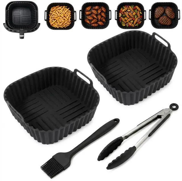 Main image of Reusable Silicone Air Fryer Liners 4 PCS Set | 2-Pack 8-Inch Square Liners with Tongs & Basting Brush | Compatible with Ninja AF141 AF181, COSORI & More | Food-Grade Accessories for 57 QT Baskets