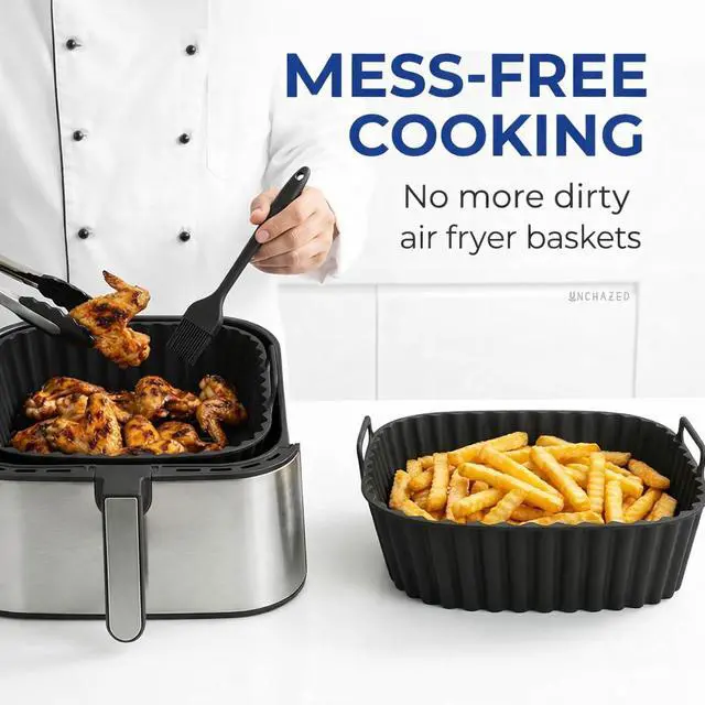 Alt view image 6 of 7 - Reusable Silicone Air Fryer Liners 4 PCS Set | 2-Pack 8-Inch Square Liners with Tongs & Basting Brush | Compatible with Ninja AF141 AF181, COSORI & More | Food-Grade Accessories for 57 QT Baskets