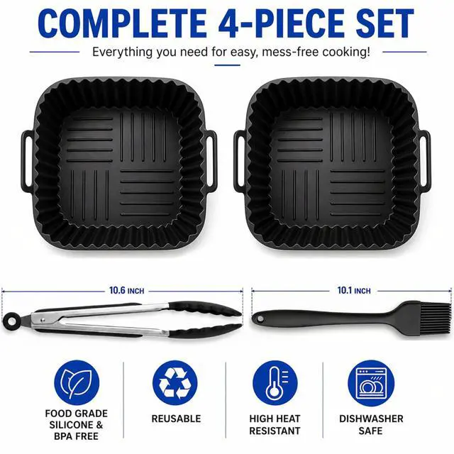 Alt view image 7 of 7 - Reusable Silicone Air Fryer Liners 4 PCS Set | 2-Pack 8-Inch Square Liners with Tongs & Basting Brush | Compatible with Ninja AF141 AF181, COSORI & More | Food-Grade Accessories for 57 QT Baskets