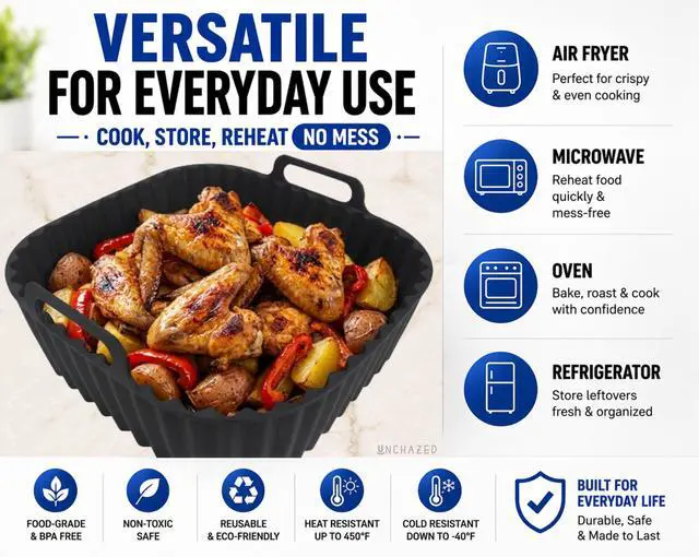 Alt view image 5 of 7 - Reusable Silicone Air Fryer Liners 4 PCS Set | 2-Pack 8-Inch Square Liners with Tongs & Basting Brush | Compatible with Ninja AF141 AF181, COSORI & More | Food-Grade Accessories for 57 QT Baskets