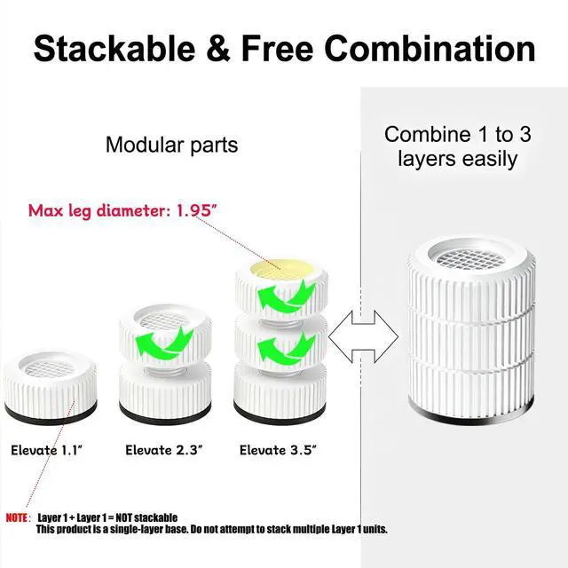 Alt view image 3 of 7 - Round Anti Vibration Pads for Washing Machine, Stackable 1.1/2.3/3.5 Inch Heightening Support for Washer Dryer Furniture Legs, Shock Absorbing Noise Reducing Rubber Floor Protectors(White 4 Pack)