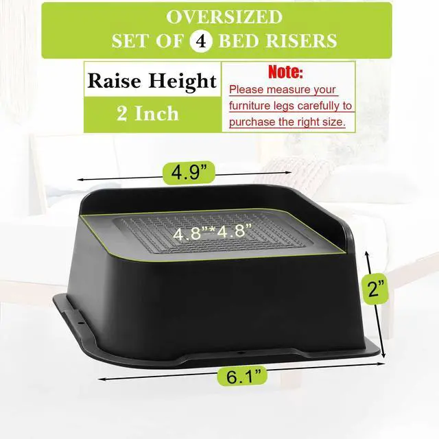 Alt view image 2 of 6 - Bed Risers 2 inch, 3 inch, 4 inch, 6 inch, 8 inch Heavy Duty, Oversized Furniture Riser for Couch Sofa Table Chair Leg Frame Dorm, Support up to 6000 Lbs (Black 4 Pack, 2 inch)