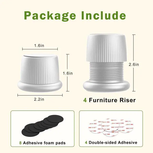 Alt view image 2 of 7 - Adjustable Bed Risers Heavy Duty 1.6-2.6 Inch Furniture Riser 4 Pack White