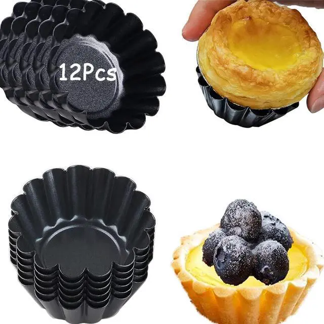Main image of Egg Tart Molds, 12 PCS Non-Stick Very Mini Tart Pans, Mini Tart Mold 3 InchTop, 1.7 Inch Bottom, 0.9Inch High, Carbon Steel, Kitchen Reusable Baking Tools.