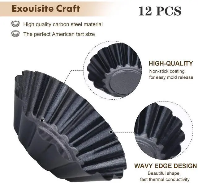Alt view image 3 of 7 - Egg Tart Molds, 12 PCS Non-Stick Very Mini Tart Pans, Mini Tart Mold 3 InchTop, 1.7 Inch Bottom, 0.9Inch High, Carbon Steel, Kitchen Reusable Baking Tools.
