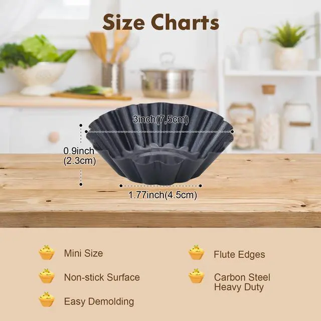 Alt view image 2 of 7 - Egg Tart Molds, 12 PCS Non-Stick Very Mini Tart Pans, Mini Tart Mold 3 InchTop, 1.7 Inch Bottom, 0.9Inch High, Carbon Steel, Kitchen Reusable Baking Tools.