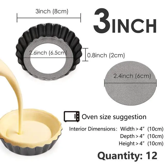 Alt view image 2 of 7 - 12 pcs Egg Tart Molds, 3" Mini Tart Pans Removable Bottom, Cupcake Cake Muffin Mold Tin Pan Baking Tool, Reusable Quiche Bakeware Carbon Steel for Pies, Quiche, Cheese Cakes, Desserts