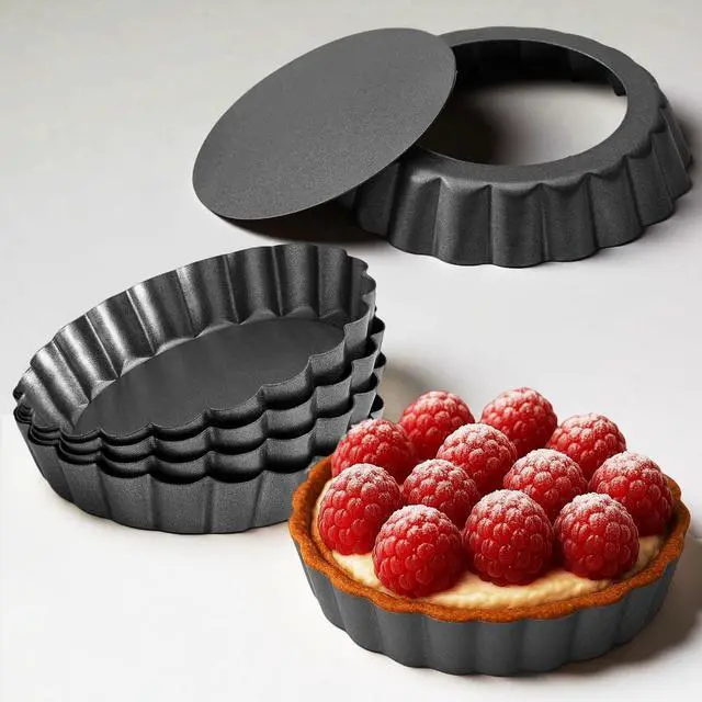 Main image of 4 Inch Mini Quiche Pans Black 6 Pack. Egg Tart Molds w/Removable Bottom, Non-Stick Coating, Rugged Carbon Steel for Small Tart Quiche Pie Making. Gift for Women Christmas Thanksgiving Festival