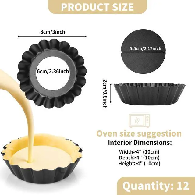 Alt view image 2 of 7 - 12 pcs Egg Tart Molds, 3" Mini Tart Pans Removable Bottom, Cupcake Cake Muffin Mold Tin Pan Baking Tool, Reusable Quiche Bakeware Carbon Steel for Pies, Quiche, Cheese Cakes, Desserts