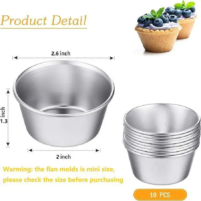 Alt view image 2 of 6 - 10 Pieces Individual Flan Molds Egg Tart Molds Pudding Cups Mini Chocolate Molten Pans Carbon Steel Cupcake Cake Cookie, Round Nonstick Popover Bakeware Tumblers(2.6 x 2 x 1.3 Inch)