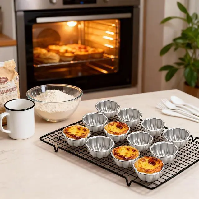 Alt view image 5 of 7 - 12 Pack Egg Tart Molds, Aluminum Alloy Pudding Jelly Molds, Reusable Cake Tartlets, Cupcake and Muffin Cups for Baking, Flower Shape, Non-sticky