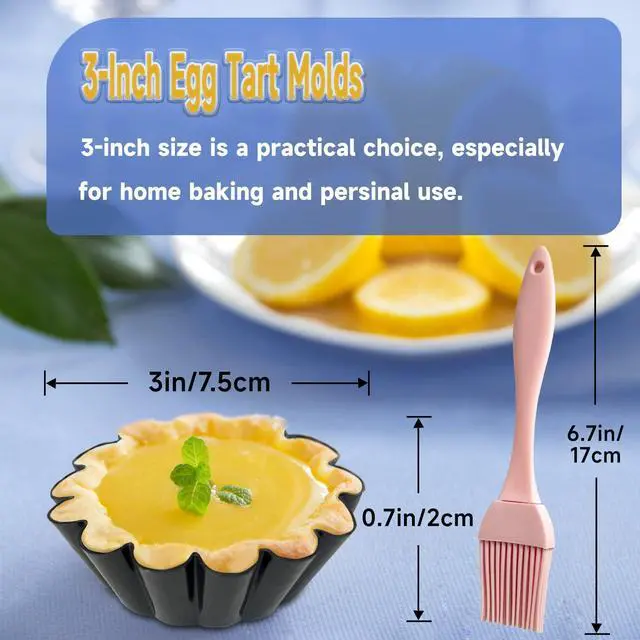 Alt view image 2 of 7 - 12PCS Egg Tart Molds, 3-Inch Non Stick Mini Tart Pans with Silicone Basting Pastry Brush, Fluted Mini Pie Pans for Baking