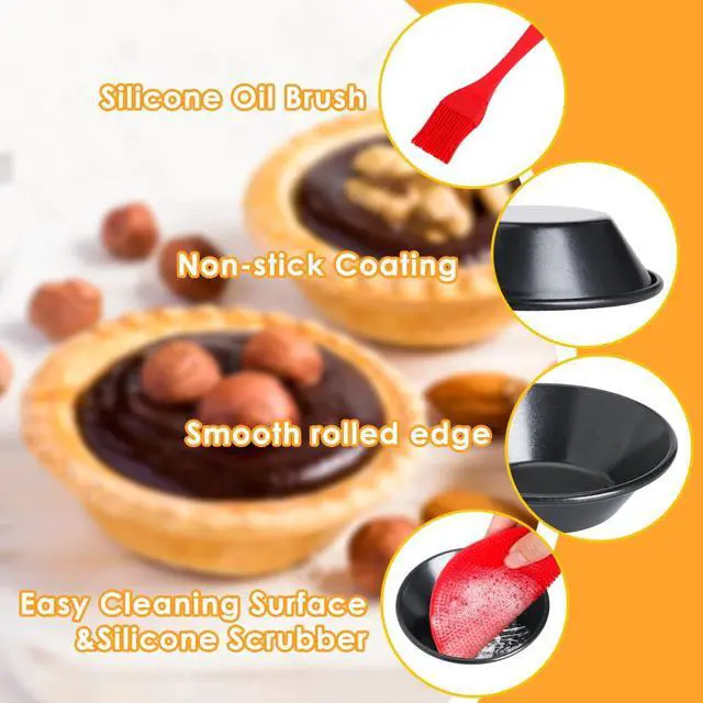 Alt view image 4 of 7 - 12 pcs Egg Tart Molds, Quyimy 3" Mini Tart Pans, Non-Stick Carbon Steel Mini Tart Panw/Oil & Dish Brushes for Cupcake Cake Muffin Mold Tin Pan, Baking Set Tool for Cakes, Cookies, Desserts
