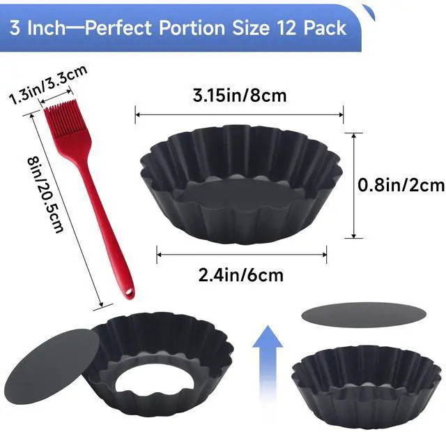Alt view image 2 of 7 - 12PCS Egg Tart Molds with Removable Bottom, 3 Inch Mini Quiche Pans Nonstick Fluted Tart Pans with Silicone Basting Pastry Brush for Pie, Quiches, Tartlets