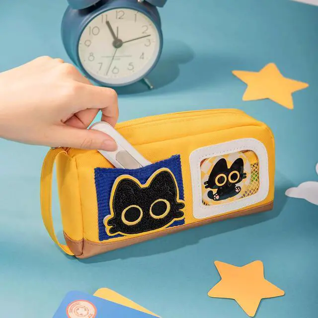 Alt view image 3 of 7 - Pencil Case Large Capacity Adorable Cat Pencil Pouch Stationery Pen Bag for Teen Girls and Boys with Magic Sticker and Decoration Badges-Yellow