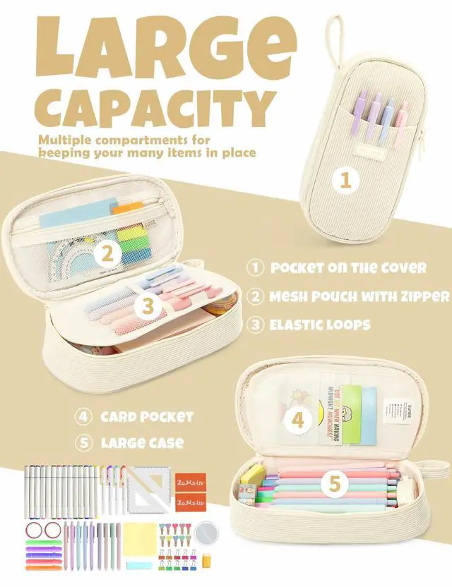 Alt view image 3 of 7 - Cute Pencil Case, Large Pencil Pouch, Aesthetic Big Pencil Bag with Zipper, Kawaii Stationery Storage and Organizer, School Supplies for Teen and Adult, Boys&Girls, Soft Corduroy Warm Beige