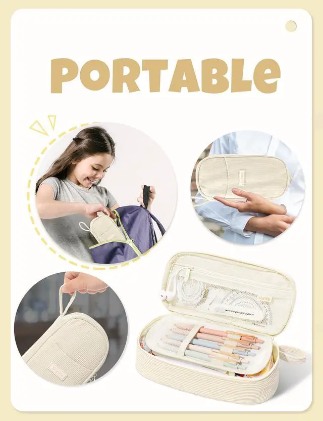 Alt view image 7 of 7 - Cute Pencil Case, Large Pencil Pouch, Aesthetic Big Pencil Bag with Zipper, Kawaii Stationery Storage and Organizer, School Supplies for Teen and Adult, Boys&Girls, Soft Corduroy Warm Beige