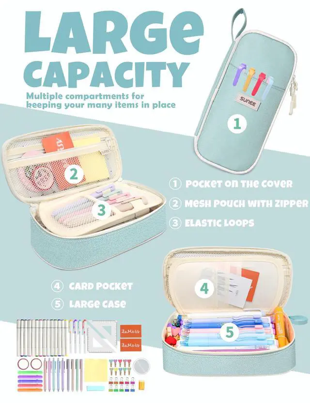 Alt view image 2 of 7 - Cute Pencil Case, Aesthetic Pen Pouch, Colored Large Pencil Bag with Zipper, Kawaii Stationery Storage and Organizer, School Supplies for Teen and Adult Girls, Mint Green