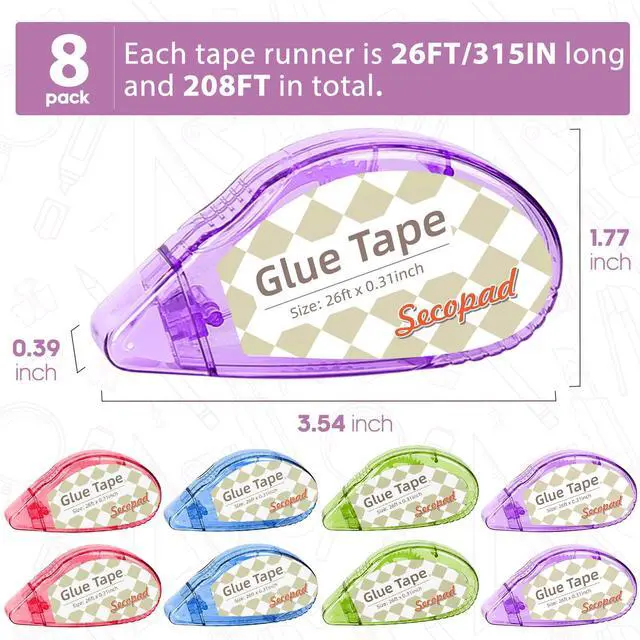 Alt view image 2 of 6 - Scrapbook Tape, 8 Pack Double Sided Tape Roller for Crafts, Adhesive Glue Runner Scrapbooking Supplies Journaling School Office Teacher Supplies, 0.3IN x 26FT, Clear Colored Shell