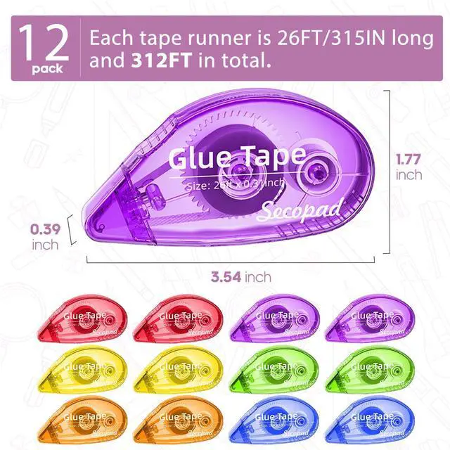 Alt view image 2 of 6 - 12 Pack Scrapbook Tape, Double Sided Tape Roller for Crafts, Adhesive Glue Runner for Scrapbooking Journal Supplies, Glue Roller for School Office, 0.3IN x 26FT, Bright-Colored Shell