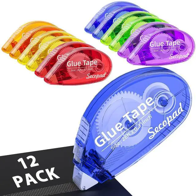 Main image of 12 Pack Scrapbook Tape, Double Sided Tape Roller for Crafts, Adhesive Glue Runner for Scrapbooking Journal Supplies, Glue Roller for School Office, 0.3IN x 26FT, Bright-Colored Shell