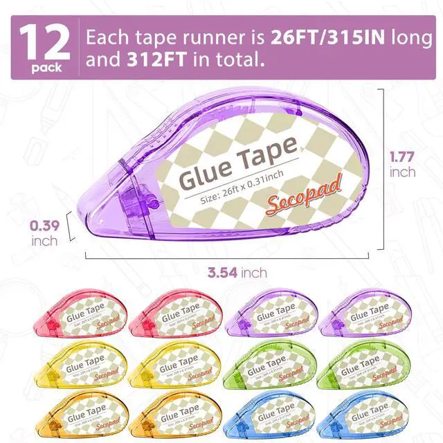 Alt view image 2 of 6 - Scrapbook Tape, 12 Pack Double Sided Tape Roller for Crafts, Adhesive Glue Runner Scrapbooking Supplies Journaling School Office Teacher Supplies, 0.3IN x 26FT, Clear Colored Shell