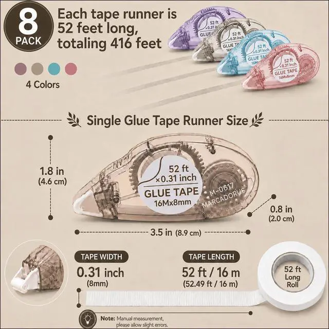 Alt view image 2 of 7 - Double Sided Tape Roller, 8 Pack, Extra-Long 52 Ft Each