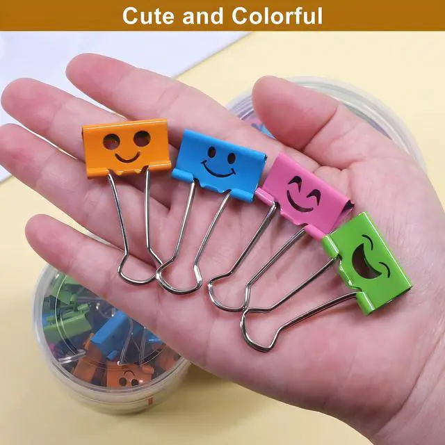 Alt view image 4 of 7 - Cute Smiley Face Binder Clips, 48 Pack 1 Inch Medium Metal Paper Clamps, Assorted Colors Hollow Design for Office School Home Organization (25mm)