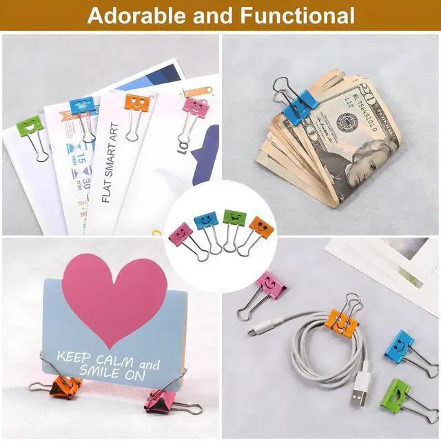 Alt view image 7 of 7 - Cute Smiley Face Binder Clips, 48 Pack 1 Inch Medium Metal Paper Clamps, Assorted Colors Hollow Design for Office School Home Organization (25mm)