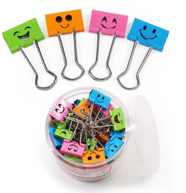 Main image of Cute Smiley Face Binder Clips, 48 Pack 1 Inch Medium Metal Paper Clamps, Assorted Colors Hollow Design for Office School Home Organization (25mm)