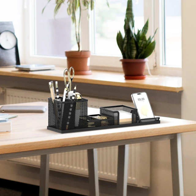 Alt view image 6 of 7 - Pen Holder for Desk, 6-Piece Mesh Desk Organizer with Phone Holder, Black