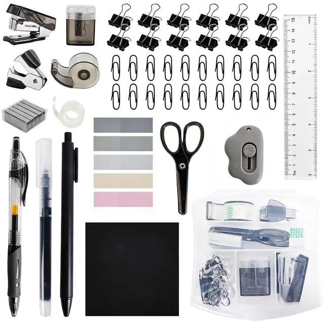 Main image of Mini Office Supply Kit, Mini Stapler with Staples and Tape Dispenser Set, Mini School Supplies Kit Includes Sticky Notes Index Tabs Gel Pens for Office & School (Black)